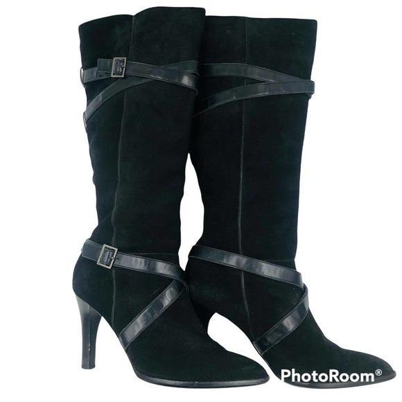 CALVIN KLEIN Black Suede Slip On Buckle Knee High Boots Size 9 BRANDY - Picture 1 of 9